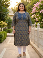 Blue Cotton Floral Print Plus Size Straight Kurta-100041