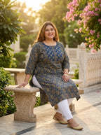 Blue Cotton Floral Print Plus Size Straight Kurta-100041