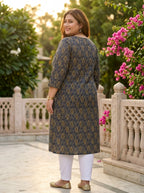 Blue Cotton Floral Print Plus Size Straight Kurta-100041