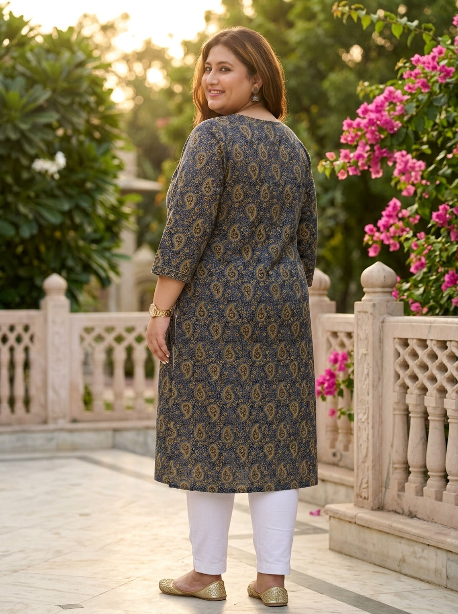 Blue Cotton Floral Print Plus Size Straight Kurta-100041