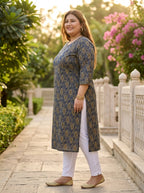 Blue Cotton Floral Print Plus Size Straight Kurta-100041