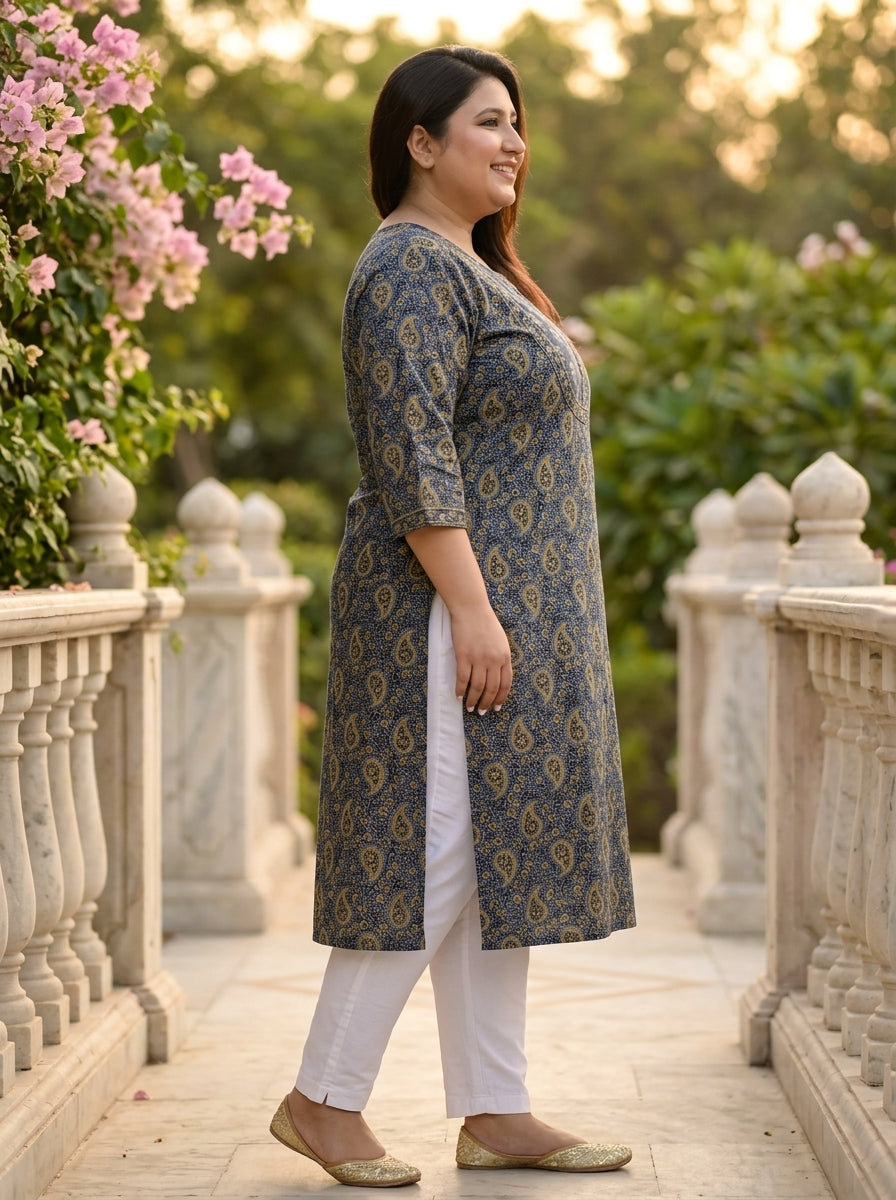Blue Cotton Floral Print Plus Size Straight Kurta-100041