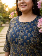 Blue Cotton Floral Print Plus Size Straight Kurta-100041