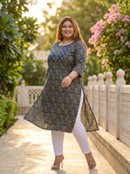 Blue Cotton Floral Print Plus Size Straight Kurta-100041