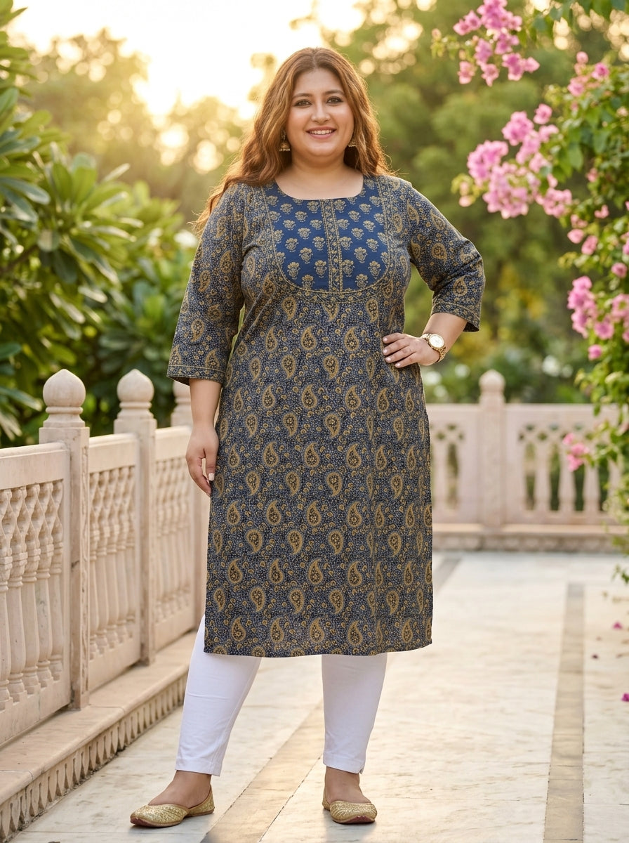 Blue Cotton Floral Print Plus Size Straight Kurta-100041