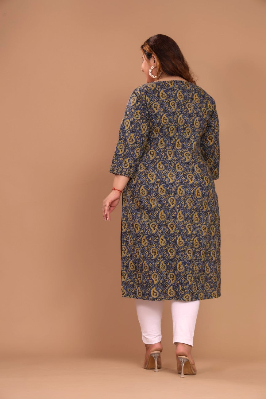 Plus Size Blue Cotton Floral Print Straight Kurta-100041