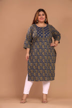 Plus Size Blue Cotton Floral Print Straight Kurta-100041