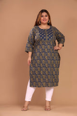 Plus Size Blue Cotton Floral Print Straight Kurta-100041