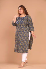 Plus Size Blue Cotton Floral Print Straight Kurta-100041