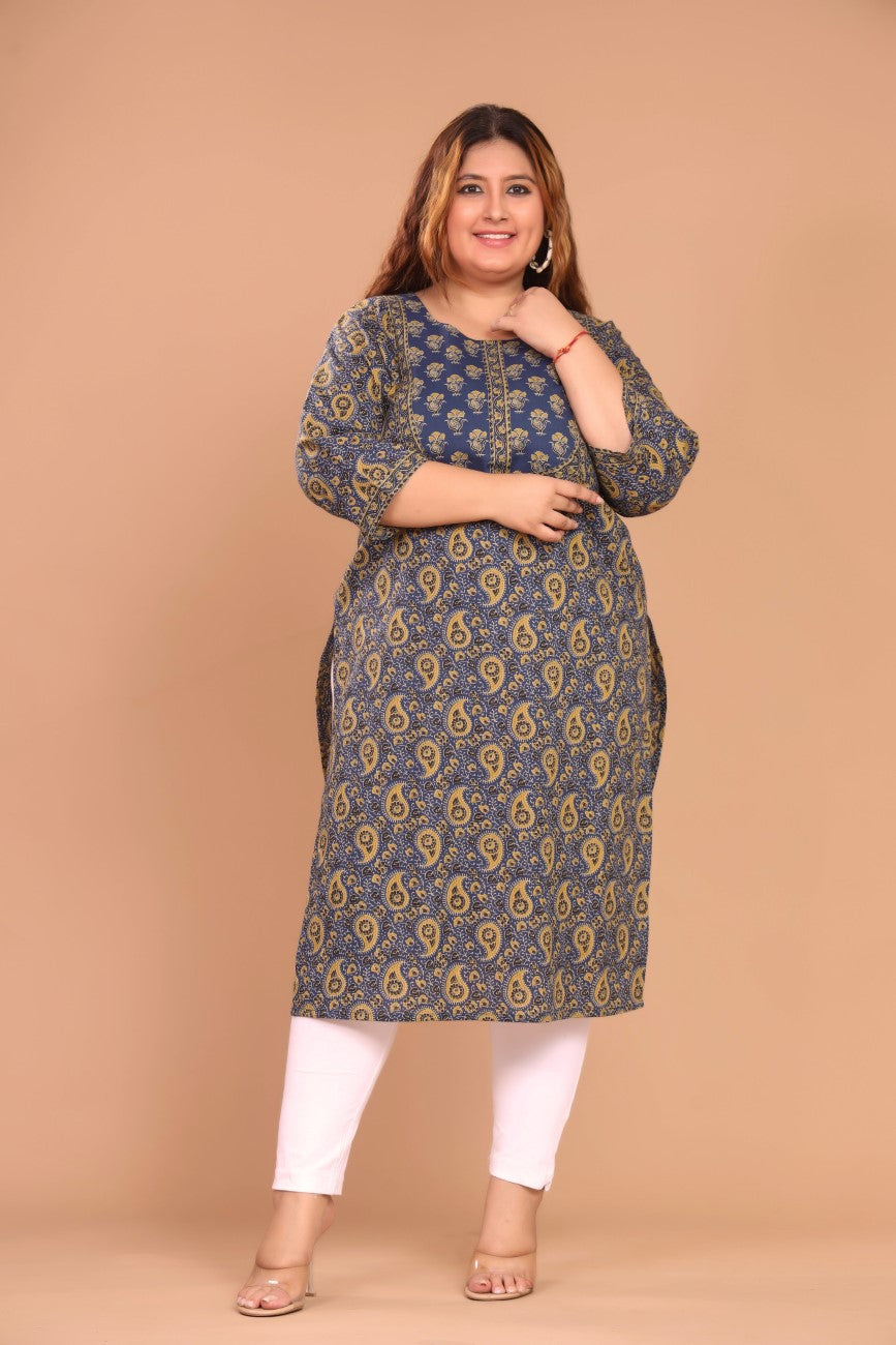 Plus Size Blue Cotton Floral Print Straight Kurta-100041 Main image
