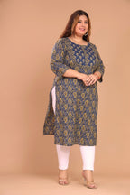 Plus Size Blue Cotton Floral Print Straight Kurta-100041