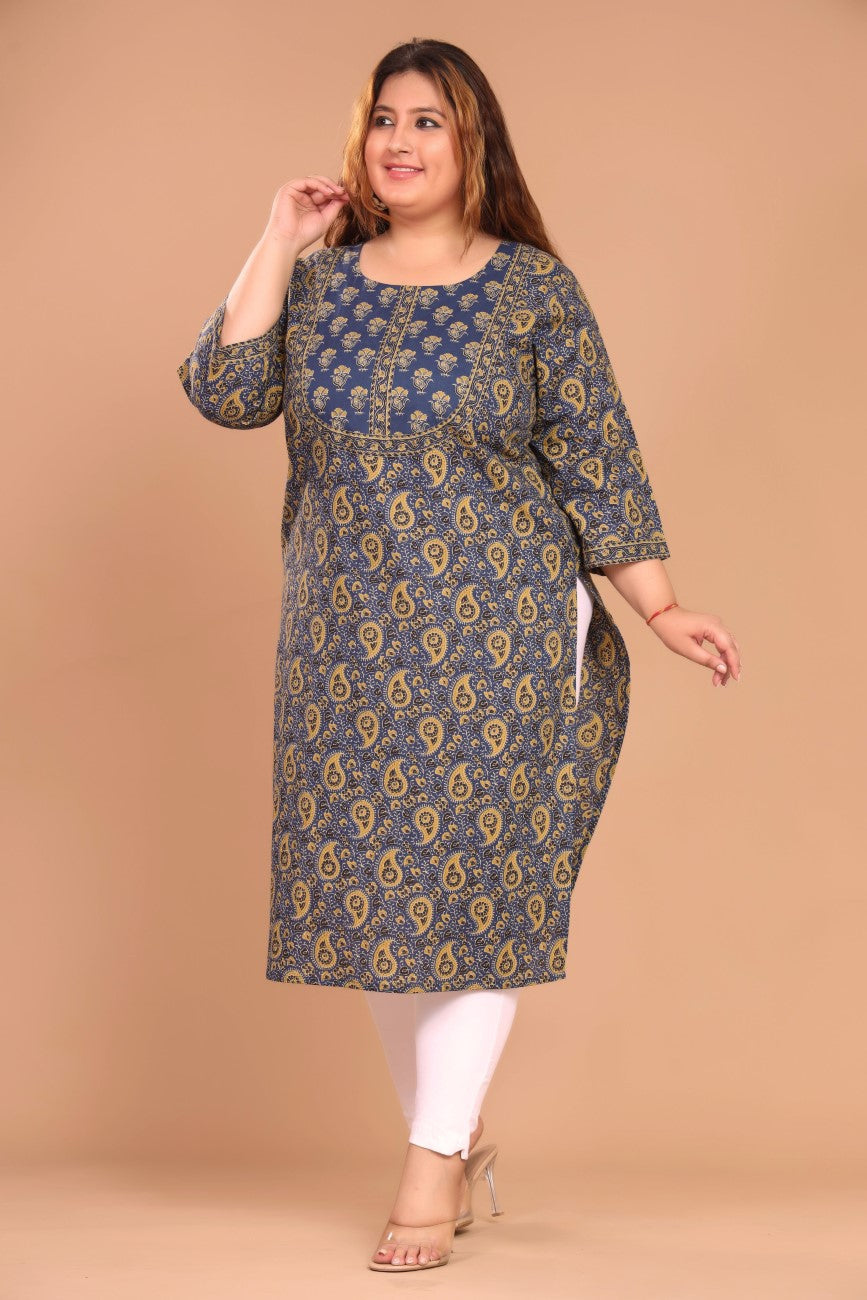 Plus Size Blue Cotton Floral Print Straight Kurta-100041