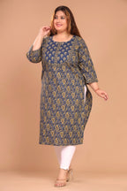 Plus Size Blue Cotton Floral Print Straight Kurta-100041