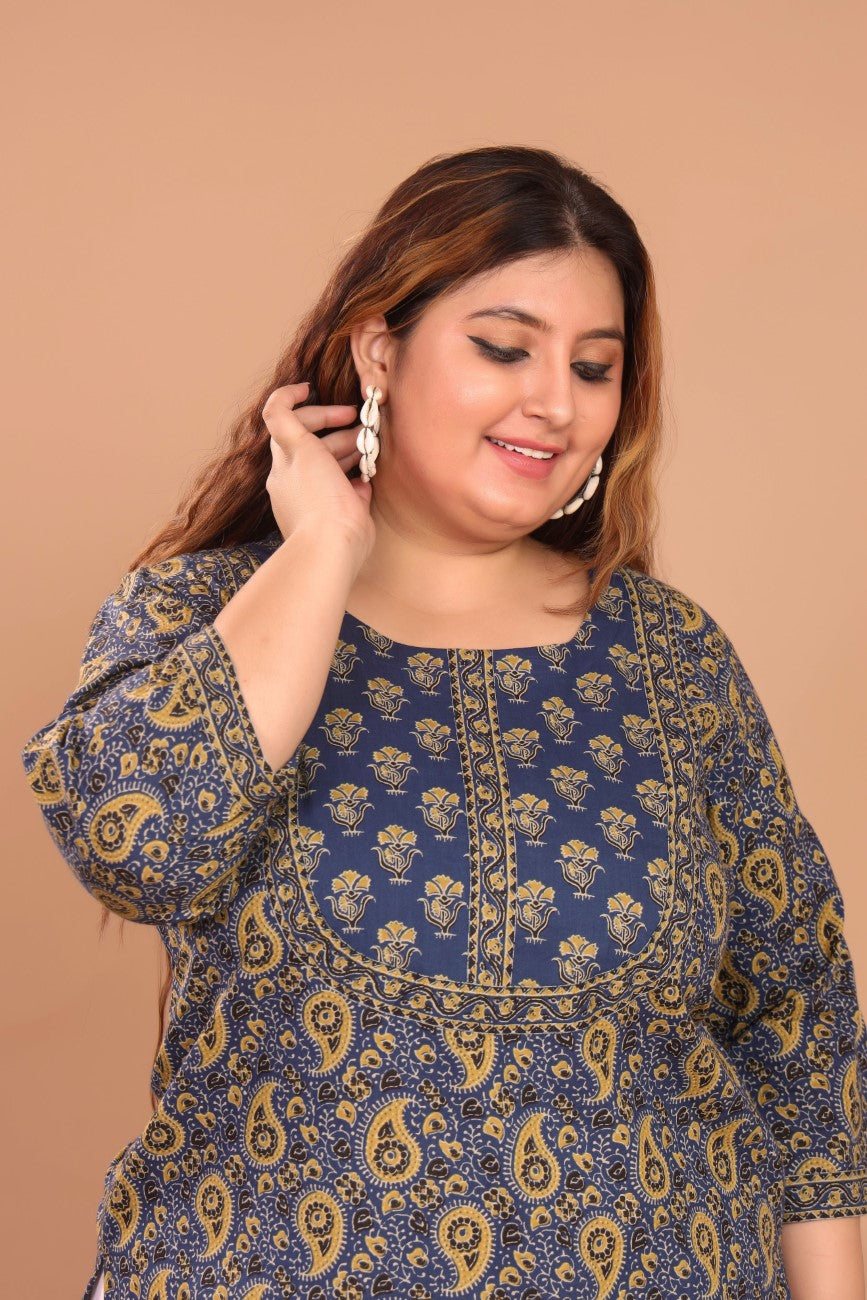 Plus Size Blue Cotton Floral Print Straight Kurta-100041