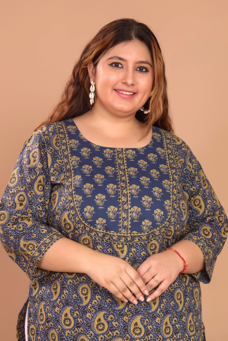 Plus Size Blue Cotton Floral Print Straight Kurta-100041