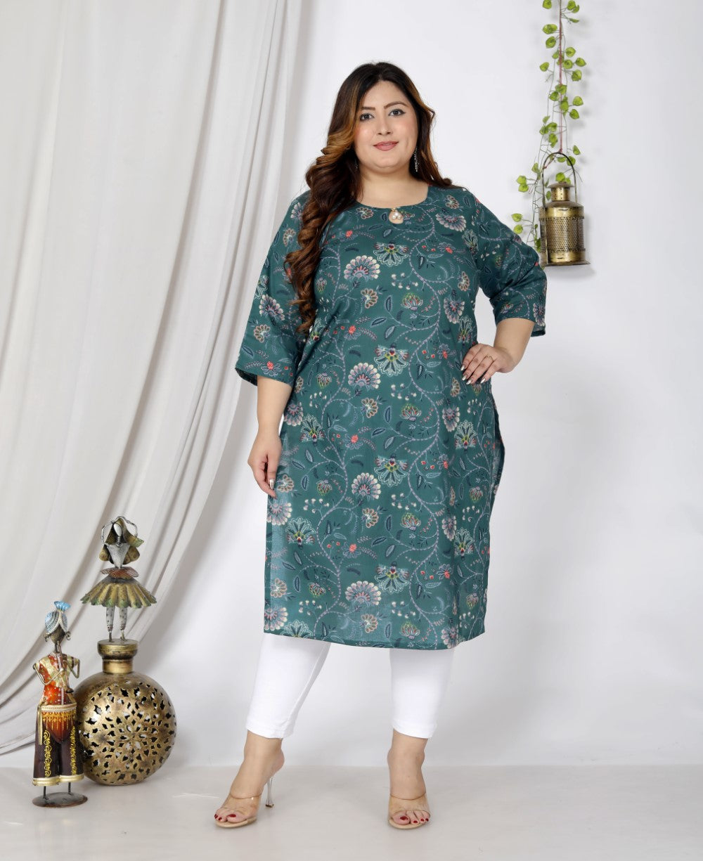 Plus Size Blue Cotton Floral Print Straight Kurta-100042 Secondary image