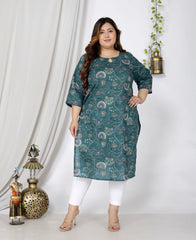 Plus Size Blue Cotton Floral Print Straight Kurta-100042