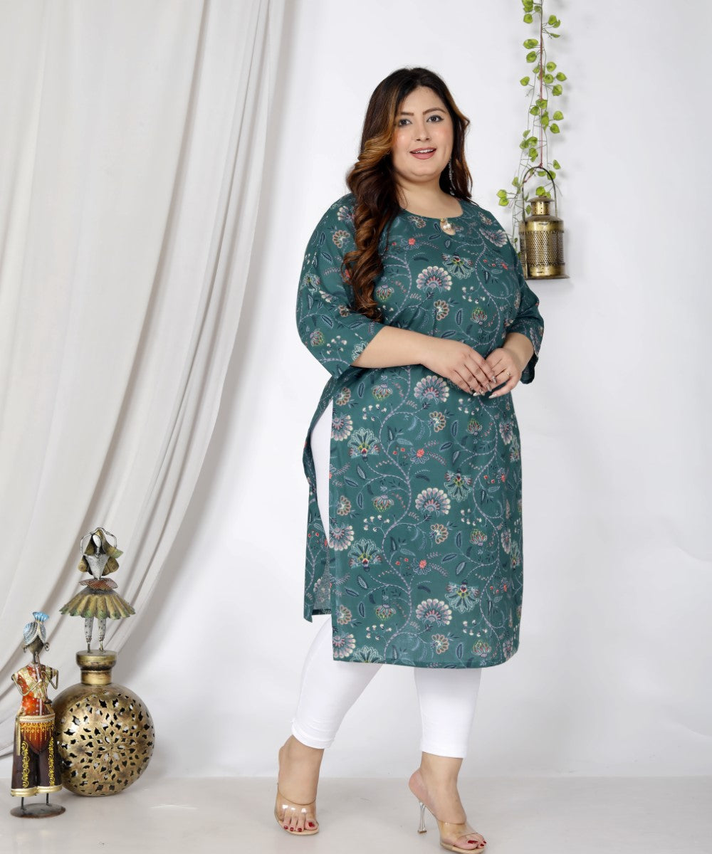 Plus Size Blue Cotton Floral Print Straight Kurta-100042