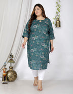 Plus Size Blue Cotton Floral Print Straight Kurta-100042