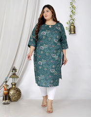 Plus Size Blue Cotton Floral Print Straight Kurta-100042
