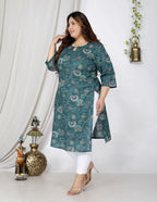 Plus Size Blue Cotton Floral Print Straight Kurta-100042