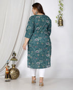 Plus Size Blue Cotton Floral Print Straight Kurta-100042