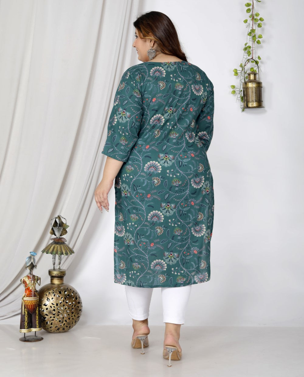 Plus Size Blue Cotton Floral Print Straight Kurta-100042