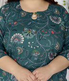 Plus Size Blue Cotton Floral Print Straight Kurta-100042