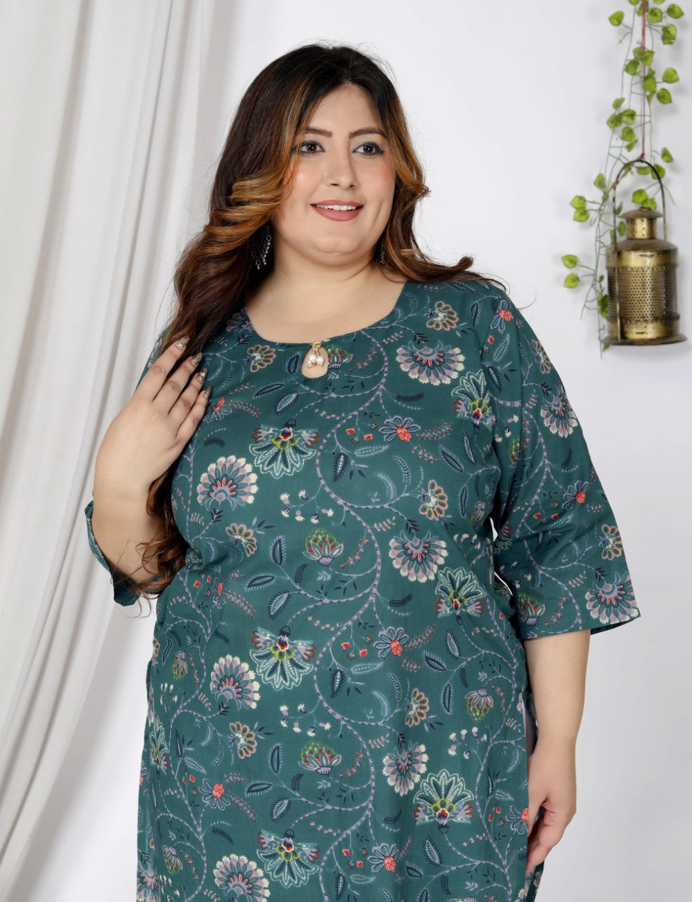 Plus Size Blue Cotton Floral Print Straight Kurta-100042