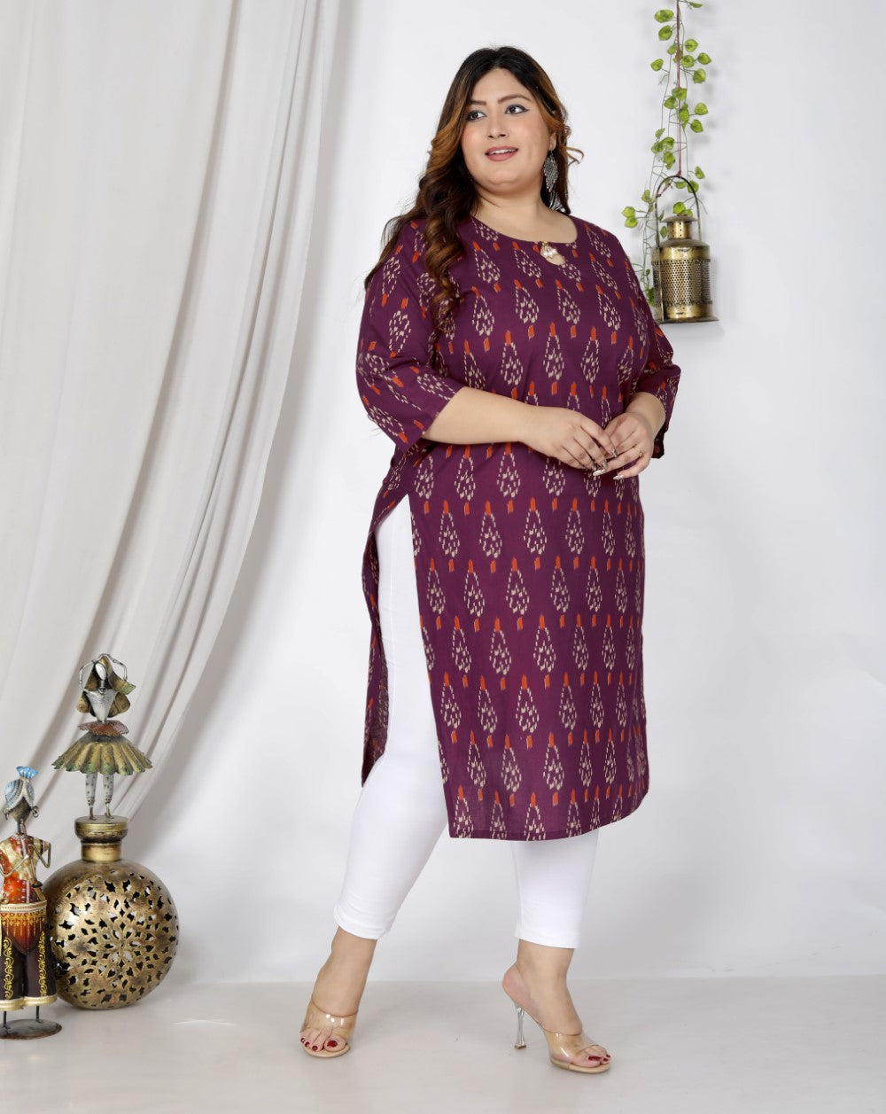 Plus Size Purple Cotton Floral Print Straight Kurta-100043