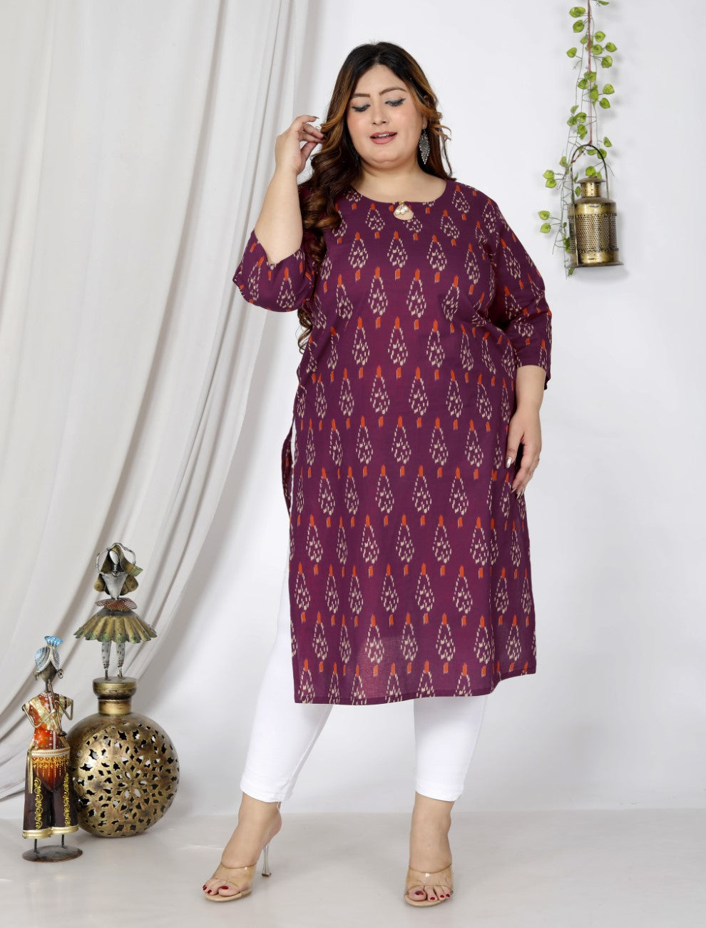Plus Size Purple Cotton Floral Print Straight Kurta-100043