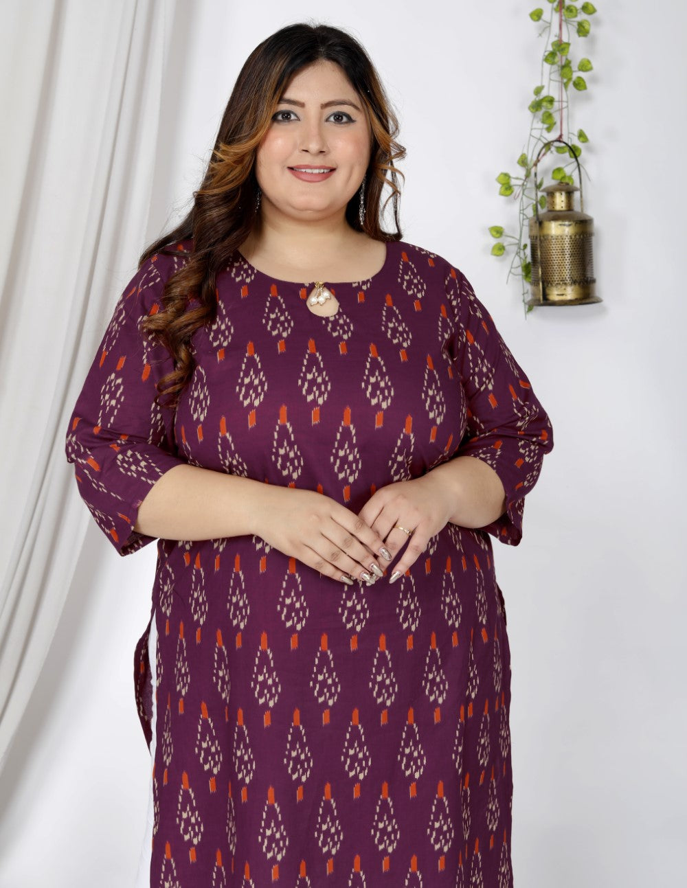 Plus Size Purple Cotton Floral Print Straight Kurta-100043