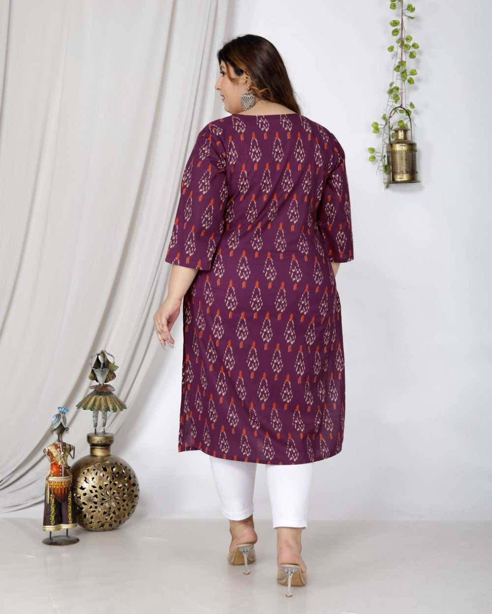 Plus Size Purple Cotton Floral Print Straight Kurta-100043