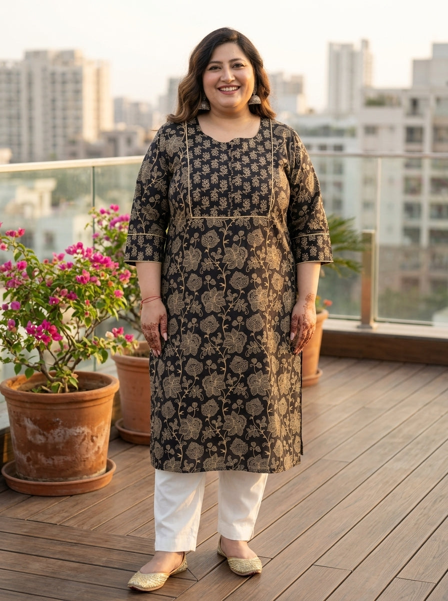 Black Cotton Floral Print Straight Kurta Plus Size-100045