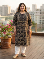 Black Cotton Floral Print Straight Kurta Plus Size-100045