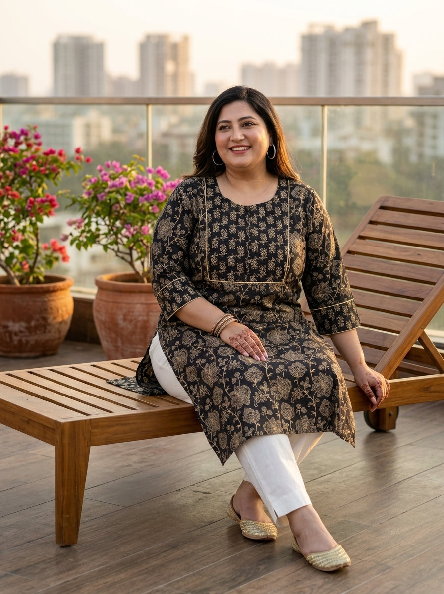 Black Cotton Floral Print Straight Kurta Plus Size-100045