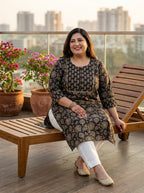 Black Cotton Floral Print Straight Kurta Plus Size-100045