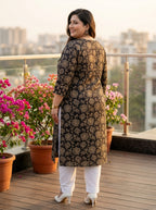 Black Cotton Floral Print Straight Kurta Plus Size-100045