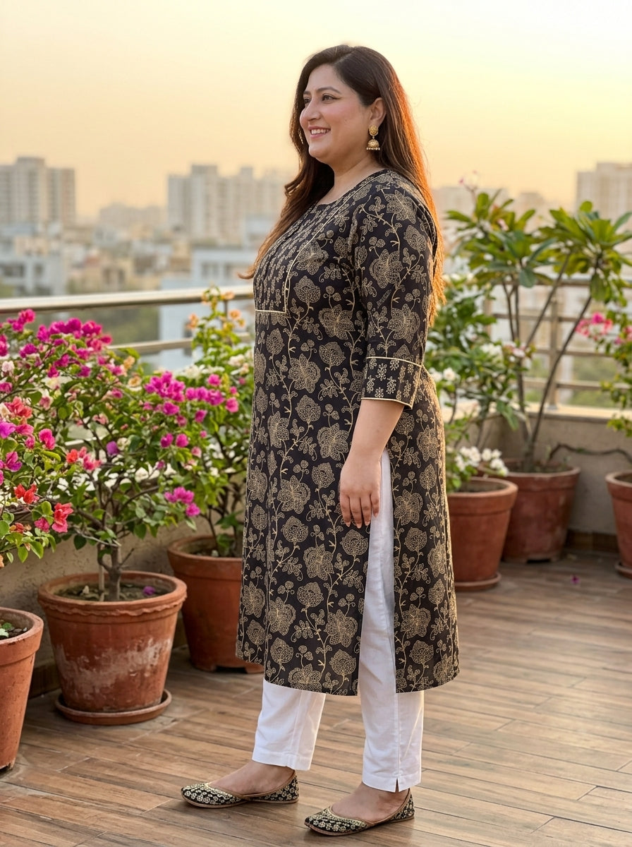 Black Cotton Floral Print Straight Kurta Plus Size-100045