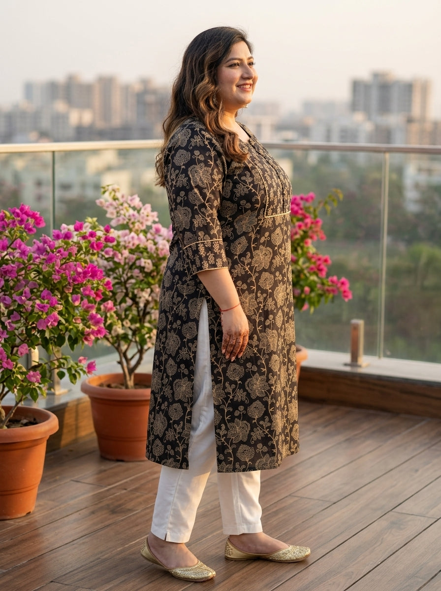 Black Cotton Floral Print Straight Kurta Plus Size-100045