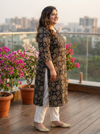 Black Cotton Floral Print Straight Kurta Plus Size-100045