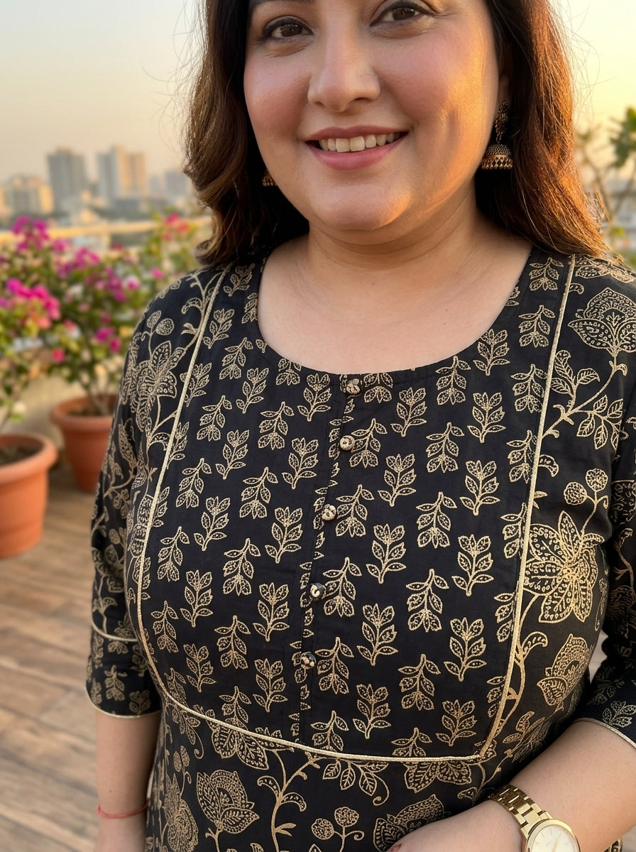 Black Cotton Floral Print Straight Kurta Plus Size-100045