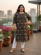 Black Cotton Floral Print Straight Kurta Plus Size-100045