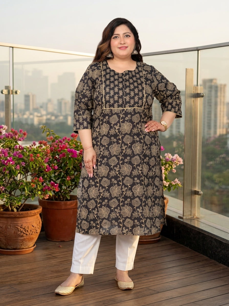 Black Cotton Floral Print Straight Kurta Plus Size-100045 Main image