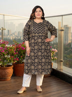 Black Cotton Floral Print Straight Kurta Plus Size-100045