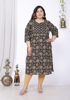 Plus Size Black Cotton Floral Print Straight Kurta-100045