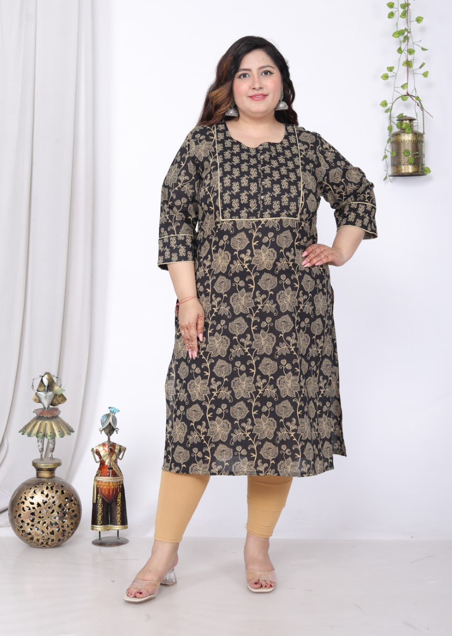 Plus Size Black Cotton Floral Print Straight Kurta-100045