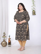 Plus Size Black Cotton Floral Print Straight Kurta-100045