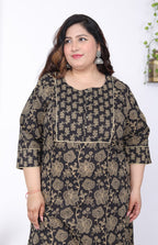 Plus Size Black Cotton Floral Print Straight Kurta-100045