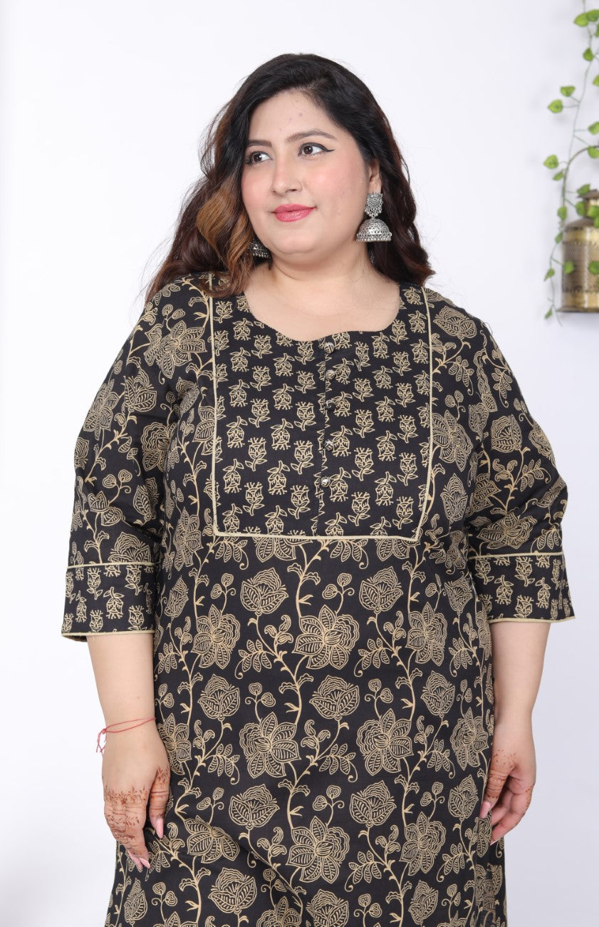Plus Size Black Cotton Floral Print Straight Kurta-100045